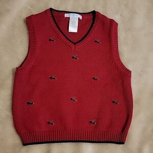 JANIE AND JACK RED SWEATER VEST WITH EMBROIDERED TRAINS, SIZE 18-24 MONTHS